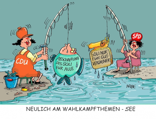 Cartoon: Am See (medium) by RABE tagged martin,schulz,spd,wahlkampf,bundestagswahl,beamte,rentenkasse,rabe,ralf,böhme,cartoon,karikatur,pressezeichnung,farbcartoon,tagescartoon,rentner,nahles,gleichberechtigung,union,cdu,see,wahlkampfthemen,soli,solibeitrag,solizuschlag,abschaffung,reiche,arme,gutverdiener,großverdiener,geringverdiener,staffelung,teich,angler,würmer,fisch,köder,angel,martin,schulz,spd,wahlkampf,bundestagswahl,beamte,rentenkasse,rabe,ralf,böhme,cartoon,karikatur,pressezeichnung,farbcartoon,tagescartoon,rentner,nahles,gleichberechtigung,union,cdu,see,wahlkampfthemen,soli,solibeitrag,solizuschlag,abschaffung,reiche,arme,gutverdiener,großverdiener,geringverdiener,staffelung,teich,angler,würmer,fisch,köder,angel