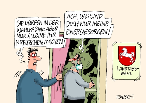 Cartoon: Angstzustände (medium) by RABE tagged gas,gassparen,gasnotstand,gasgeben,sanktionen,gasspeicher,gasheizung,rabe,ralf,böhme,cartoon,karikatur,pressezeichnung,farbcartoon,tagescartoon,robert,habeck,putin,ukrainekrieg,energiesorgen,inflation,wahl,landtagswahl,niedersachsen,wappen,pferd,wahllokal,wahlkabine,kreuzchen,stimmzettel,ministerpräsident,weil,stephan,gas,gassparen,gasnotstand,gasgeben,sanktionen,gasspeicher,gasheizung,rabe,ralf,böhme,cartoon,karikatur,pressezeichnung,farbcartoon,tagescartoon,robert,habeck,putin,ukrainekrieg,energiesorgen,inflation,wahl,landtagswahl,niedersachsen,wappen,pferd,wahllokal,wahlkabine,kreuzchen,stimmzettel,ministerpräsident,weil,stephan