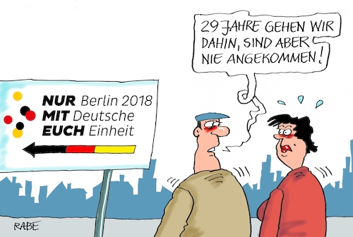 Cartoon: Ankommen (medium) by RABE tagged mauerfall,grenzöffnung,deutsche,einheit,bett,ehepaar,rabe,ralf,böhme,cartoon,fetsakt,feierlichkeiten,merkel,berlin,ankommen,mauerfall,grenzöffnung,deutsche,einheit,bett,ehepaar,rabe,ralf,böhme,cartoon,fetsakt,feierlichkeiten,merkel,berlin,ankommen