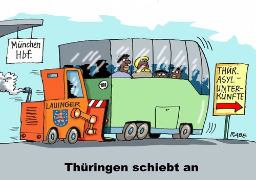 Cartoon: Anschiebehilfe (medium) by RABE tagged bayern,hauptbahnhof,flüchtlinge,münchen,asylsuchende,asylanten,hilfe,thüringen,unterbringung,migrationsminister,lauinger,grüne,rabe,ralf,böhme,cartoon,karikatur,pressezeichnung,farbcartoon,tagescartoon,bus,busse,aufnahmestelle,migration,bagger,gabelstapler,bayern,hauptbahnhof,flüchtlinge,münchen,asylsuchende,asylanten,hilfe,thüringen,unterbringung,migrationsminister,lauinger,grüne,rabe,ralf,böhme,cartoon,karikatur,pressezeichnung,farbcartoon,tagescartoon,bus,busse,aufnahmestelle,migration,bagger,gabelstapler