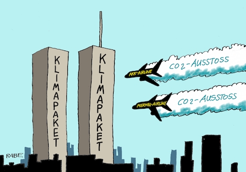 Cartoon: Anschlag aufs Klima (medium) by RABE tagged klimawandel,umwelt,umweltministerin,schulze,sp,klimapreis,heizung,auto,rabe,ralf,böhme,cartoon,karikatur,pressezeichnung,farbcartoon,tagescartoon,brücke,bettler,verkehr,klimaprämie,friday,for,future,klimapaket,klimabeschluss,klimaschutzpaket,groko,union,cdu,csu,merkel,kanzlerin,akk,karrenbauer,luftwaffe,flugzeug,militärmaschine,new,york,anschlag,elfter,september,world,trade,center,terror,einsturz,klimawandel,umwelt,umweltministerin,schulze,sp,klimapreis,heizung,auto,rabe,ralf,böhme,cartoon,karikatur,pressezeichnung,farbcartoon,tagescartoon,brücke,bettler,verkehr,klimaprämie,friday,for,future,klimapaket,klimabeschluss,klimaschutzpaket,groko,union,cdu,csu,merkel,kanzlerin,akk,karrenbauer,luftwaffe,flugzeug,militärmaschine,new,york,anschlag,elfter,september,world,trade,center,terror,einsturz