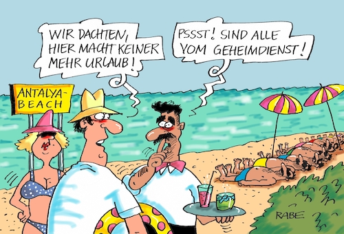 Cartoon: Antalya Urlaub nochmal (medium) by RABE tagged antalya,türkei,erdogan,menschenrechte,pressefreiheit,geheimdienste,gefängnis,untersuchungshaft,putsch,regimekritiker,menschenrechtler,aktivisten,menschenrechtsaktivisten,rabe,ralf,böhme,cartoon,karikatur,pressezeichnung,farbcartoon,tagescartoon,strand,strandurlaub,deutshe,urlauber,kellner,spione,türkeiurlaub,antalya,türkei,erdogan,menschenrechte,pressefreiheit,geheimdienste,gefängnis,untersuchungshaft,putsch,regimekritiker,menschenrechtler,aktivisten,menschenrechtsaktivisten,rabe,ralf,böhme,cartoon,karikatur,pressezeichnung,farbcartoon,tagescartoon,strand,strandurlaub,deutshe,urlauber,kellner,spione,türkeiurlaub