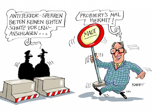 Cartoon: Antiterrorsperren (medium) by RABE tagged dobrindt,bundesverkehrsminister,maut,mautgesetz,autobahn,autobahngebühren,kraftfahrer,rabe,ralf,böhme,cartoon,karikatur,pressezeichnung,farbcartoon,tagescartoon,antiterrosperren,betonsperren,is,anschläge,lkw,fußgänger,dobrindt,bundesverkehrsminister,maut,mautgesetz,autobahn,autobahngebühren,kraftfahrer,rabe,ralf,böhme,cartoon,karikatur,pressezeichnung,farbcartoon,tagescartoon,antiterrosperren,betonsperren,is,anschläge,lkw,fußgänger