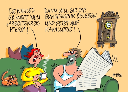 Cartoon: Arbeitskreis Pferd (medium) by RABE tagged spd,nahles,umfragewerte,afd,wählergunst,prozent,rabe,ralf,böhme,cartoon,karikatur,pressezeichnung,farbcartoon,tagescartoon,baum,raben,tante,scholz,groko,koalitionsstreit,asylstreit,asylkompromiss,arbeitskreis,pferd,kavallerie,bundeswehr,reiter,reiterin,wählerstimmen,sattel,arbeitsgruppe,spd,nahles,umfragewerte,afd,wählergunst,prozent,rabe,ralf,böhme,cartoon,karikatur,pressezeichnung,farbcartoon,tagescartoon,baum,raben,tante,scholz,groko,koalitionsstreit,asylstreit,asylkompromiss,arbeitskreis,pferd,kavallerie,bundeswehr,reiter,reiterin,wählerstimmen,sattel,arbeitsgruppe