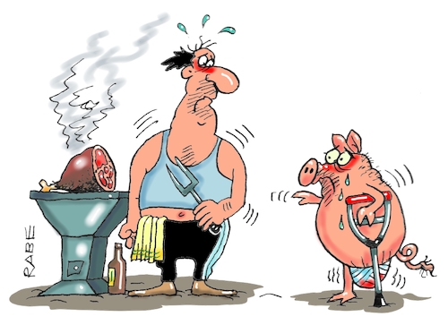 Cartoon: Armes Schwein (medium) by RABE tagged grill,grillsaison,rost,holzkohlegrill,glut,holzkohle,rabe,ralf,böhme,cartoon,karikatur,pressezeichnung,farbcartoon,tagescartoon,schwein,sau,scheinesteak,kammscheiben,bratwurst,schweinenackensteak,rauch,krücke,eisbein,amputation,schlachter,metzger,grill,grillsaison,rost,holzkohlegrill,glut,holzkohle,rabe,ralf,böhme,cartoon,karikatur,pressezeichnung,farbcartoon,tagescartoon,schwein,sau,scheinesteak,kammscheiben,bratwurst,schweinenackensteak,rauch,krücke,eisbein,amputation,schlachter,metzger