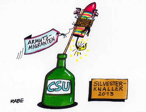 Cartoon: Armutsmigranten (medium) by RABE tagged csu,seehofer,bayern,union,armut,armutsmigranten,ausländer,ausländerfeindlichkeit,bulgaren,rumänen,arbeitsmarkt,wahlkampfthema,rabe,ralf,böhme,cartoon,karikatur,pressezeichnung,farbcartoon,silvester,silvesterfeuerwerk,knaller,jahreswechsel,flasche,stabrakete,silvesterrakete,rakete,knallkörper,neujahr,csu,seehofer,bayern,union,armut,armutsmigranten,ausländer,ausländerfeindlichkeit,bulgaren,rumänen,arbeitsmarkt,wahlkampfthema,rabe,ralf,böhme,cartoon,karikatur,pressezeichnung,farbcartoon,silvester,silvesterfeuerwerk,knaller,jahreswechsel,flasche,stabrakete,silvesterrakete,rakete,knallkörper,neujahr