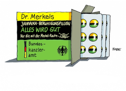 Cartoon: Arznei aus dem Hause Merkel (medium) by RABE tagged grüne,jamaika,sondierungsgespräche,regierungsbildung,amtshandlung,rabe,ralf,böhme,cartoon,karikatur,pressezeichnung,farbcartoon,tagescartoon,berzhigung,beruhigungspillen,merkel,merkelraute,kanzleramt,grüne,jamaika,sondierungsgespräche,regierungsbildung,amtshandlung,rabe,ralf,böhme,cartoon,karikatur,pressezeichnung,farbcartoon,tagescartoon,berzhigung,beruhigungspillen,merkel,merkelraute,kanzleramt