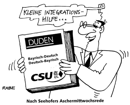 Cartoon: Aschermittwochsrede (medium) by RABE tagged aschermittwoch,politischer,aschermittwochsrede,csu,seehofer,parteivorsitzender,bayern,passau,euro,krise,integration,integrationsproblem,lernen,deutsche,sprache,duden,buch,mann,integrationshilfe,ausländer,türken,deutschunterricht,sarrazin,fasching,karneval,parteimitglieder,aschermittwoch,seehofer,parteivorsitzender,parteimitgleider,csu,landesregierung,opposition,bundesregierung,duden,integration