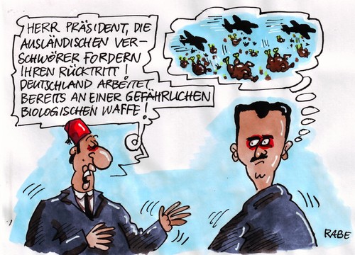 Cartoon: Assadverschwörer (medium) by RABE tagged assad,syrien,regime,präsident,damaskus,demonstration,regimegegner,regimekritiker,araber,terror,gewalt,verschwörer,deutschland,rücktritt,waffen,forderung,flugzeuge,bomben,hähnchen,hähnchenmast,geflügelfarm,antibiotika,abwurf,kundgebung,demonstranten,syrer,volk,verbraucherschutz,agner,csu,assad,präsident,diktator,damaskus,syrien,demonstration,demonstranten,terror,regime