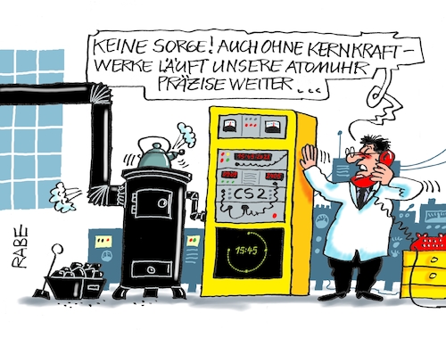 Cartoon: Atomuhriges (medium) by RABE tagged atom,atomausstieg,atomuhr,atomkraftwerk,energiewende,akw,brüter,rabe,ralf,böhme,cartoon,karikatur,pressezeichnung,farbcartoon,tagescartoon,wissenschaftler,grüne,abschaltung,kohle,kohleofen,feuerhaken,brikett,kohlekraftwerk,atom,atomausstieg,atomuhr,atomkraftwerk,energiewende,akw,brüter,rabe,ralf,böhme,cartoon,karikatur,pressezeichnung,farbcartoon,tagescartoon,wissenschaftler,grüne,abschaltung,kohle,kohleofen,feuerhaken,brikett,kohlekraftwerk