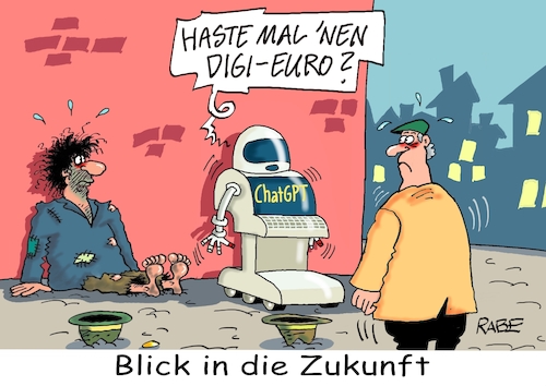 Cartoon: Auf der Hut beim Hut (medium) by RABE tagged chatgpt,intelligenz,roboter,ki,volker,wissing,fdp,rabe,ralf,böhme,cartoon,karikatur,pressezeichnung,farbcartoon,tagescartoon,it,fussgängerzone,hut,bitcoin,euro,digieuro,bettler,obdachloser,computer,chatgpt,intelligenz,roboter,ki,volker,wissing,fdp,rabe,ralf,böhme,cartoon,karikatur,pressezeichnung,farbcartoon,tagescartoon,it,fussgängerzone,hut,bitcoin,euro,digieuro,bettler,obdachloser,computer