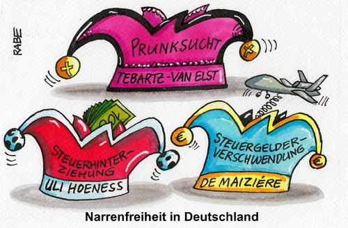 Cartoon: Auf wessen Kappe? (medium) by RABE tagged narren,narrenfreiheit,narrenkappe,prunksucht,steuerhinterziehung,steuerbetrüger,steuergelder,steuergelderverschwendung,euro,krise,verteidigungsminister,cdu,drohnen,drohnenaffäre,aufklärungsdrohne,bundeswehr,krieg,usa,rabe,ralf,böhme,cartoon,karikatur,pressezeichnung,uli,hoeneß,fc,bayern,münchen,fußball,betrug,vorstand,millionen,bischof,tebartz,van,elst,limburg,papst,rom,audienz,vatikan,narren,narrenfreiheit,narrenkappe,prunksucht,steuerhinterziehung,steuerbetrüger,steuergelder,steuergelderverschwendung,euro,krise,verteidigungsminister,cdu,drohnen,drohnenaffäre,aufklärungsdrohne,bundeswehr,krieg,usa,rabe,ralf,böhme,cartoon,karikatur,pressezeichnung,uli,hoeneß,fc,bayern,münchen,fußball,betrug,vorstand,millionen,bischof,tebartz,van,elst,limburg,papst,rom,audienz,vatikan