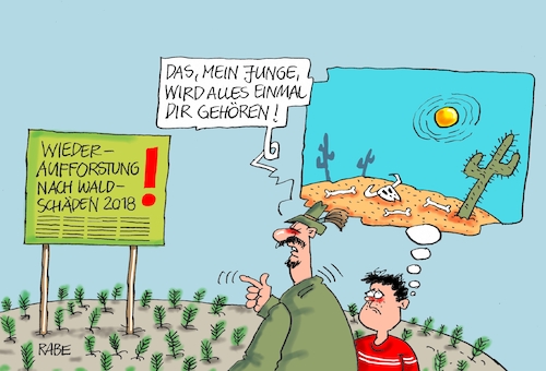 Cartoon: Aufforstung (medium) by RABE tagged klima,klimawandel,dürre,wälder,extremwetter,trockenheit,aufforstung,wald,waldsterben,förster,sohn,wüste,rabe,ralf,böhme,cartoon,karikatur,pressezeichnung,farbcartoon,tagescartoon,setzlinge,regen,trockenperiode,klima,klimawandel,dürre,wälder,extremwetter,trockenheit,aufforstung,wald,waldsterben,förster,sohn,wüste,rabe,ralf,böhme,cartoon,karikatur,pressezeichnung,farbcartoon,tagescartoon,setzlinge,regen,trockenperiode