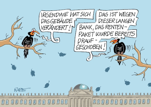 Cartoon: Aufgeschobenes (medium) by RABE tagged merz,union,kanzler,fritze,koalition,spd,klingbeil,bundesregierung,rabe,ralf,böhme,cartoon,karikatur,pressezeichnung,farbcartoon,tagescartoon,fett,fettnapf,drecksarbeit,stelzen,training,rente,rentenpaket,rentenreform,beratung,bank,lange,reichstag,länge,unterbingung,krähe,merz,union,kanzler,fritze,koalition,spd,klingbeil,bundesregierung,rabe,ralf,böhme,cartoon,karikatur,pressezeichnung,farbcartoon,tagescartoon,fett,fettnapf,drecksarbeit,stelzen,training,rente,rentenpaket,rentenreform,beratung,bank,lange,reichstag,länge,unterbingung,krähe