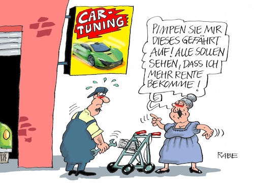 Cartoon: Aufpimpen (medium) by RABE tagged rente,rentner,rentenerhöhung,juli,euro,rentenauszahlung,familienministerin,beschluß,bundestag,rabe,ralf,böhme,cartoon,karikatur,pressezeichnung,farbcartoon,tagescartoon,car,tuning,cartuning,pimp,aufpimpen,oma,rollator,autowerkstatt,mechaniker,rente,rentner,rentenerhöhung,juli,euro,rentenauszahlung,familienministerin,beschluß,bundestag,rabe,ralf,böhme,cartoon,karikatur,pressezeichnung,farbcartoon,tagescartoon,car,tuning,cartuning,pimp,aufpimpen,oma,rollator,autowerkstatt,mechaniker