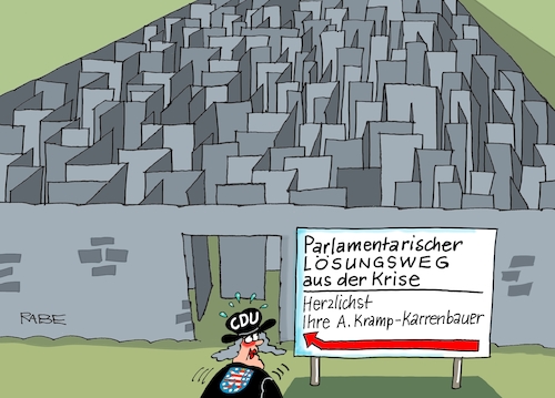 Cartoon: Aus der Krise in die Irre (medium) by RABE tagged landtagswahlen,wahlergebnisse,sachsen,brandenburg,groko,spd,cdu,rabe,ralf,böhme,cartoon,karikatur,pressezeichnung,farbcartoon,tagescartoon,arzt,doktor,csu,afd,verluste,rechte,populismus,erfurt,thüringen,ramelow,mohring,kemmerich,fdp,höcke,irrgarten,lösungsweg,krise,akk,kramp,karrenbauer,rücktritt,vertrauensfrage,christian,lindner,parlament,landtagswahlen,wahlergebnisse,sachsen,brandenburg,groko,spd,cdu,rabe,ralf,böhme,cartoon,karikatur,pressezeichnung,farbcartoon,tagescartoon,arzt,doktor,csu,afd,verluste,rechte,populismus,erfurt,thüringen,ramelow,mohring,kemmerich,fdp,höcke,irrgarten,lösungsweg,krise,akk,kramp,karrenbauer,rücktritt,vertrauensfrage,christian,lindner,parlament