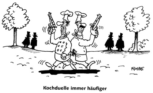 Cartoon: Ausgekochtes (medium) by RABE tagged kochen,köche,koch,kochshow,kochlöffel,kochtopf,kochduell,küche,herd,fernsehen,tv,lafer,lichter,schuhbeck,sass,duell,zweikampf,duellbesteck,pistolen,sekundanten,kochmütze,schürze,soße,schießerei,geschoß,pistolenkugel,ladestock,pulver,blei,treffer,park,wiese,wald,kochen,köche,koch,kochshow,kochlöffel,kochtopf,küche,fernsehen,tv,unterhaltung,kochduell