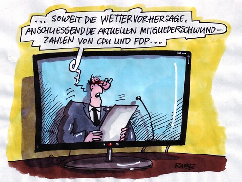 Cartoon: Auslaufmodelle (medium) by RABE tagged mitglieder,mitgliederschwund,auslaufmodell,krise,partei,parteienlandschaft,parteiaustritt,parteivorsitz,parteibuch,bundesregierung,kanzlerin,merkel,cdu,fdp,koalition,schwarzgelb,landesregierung,wähler,wählergunst,wahlen,prognose,umfragetief,tortendiagramm,nachrichten,tv,fernseher,nachrichtenkanal,news,nachrichtensprecher,wetterbericht,wettervorhersage,kleber,klöppel,hofer,slomka,illner,parteispitze,mitglieder,mitgliederschwund,auslaufmodell,krise,parteienlandschaft,parteiaustritt,parteivorsitz