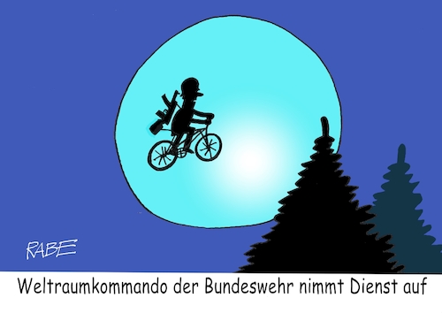 Cartoon: Außerirdisches Kommando (medium) by RABE tagged bundeswehr,akk,verteidigungsministerin,soldaten,weltraumkommando,rabe,ralf,böhme,cartoon,karikatur,pressezeichnung,farbcartoon,tagescartoon,hindukusch,verteidigung,weltraum,struck,spd,spielber,et,außerirdische,mond,fahrrad,bundeswehr,akk,verteidigungsministerin,soldaten,weltraumkommando,rabe,ralf,böhme,cartoon,karikatur,pressezeichnung,farbcartoon,tagescartoon,hindukusch,verteidigung,weltraum,struck,spd,spielber,et,außerirdische,mond,fahrrad