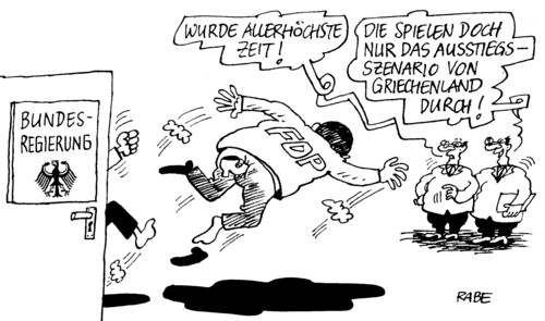 Cartoon: Ausstieg (medium) by RABE tagged bundesregierung,kanzlerin,merkel,cdu,kabinett,eurokrise,schuldenkriese,austritt,ausstieg,ausstiegsszenario,griechenland,athen,rettungsschirm,fiskalpakt,arschtriit,fdp,koalition,schuldenschnitt,eurobonds,stabilitätspakt,bundesregierung,merkel,griechenland,athen