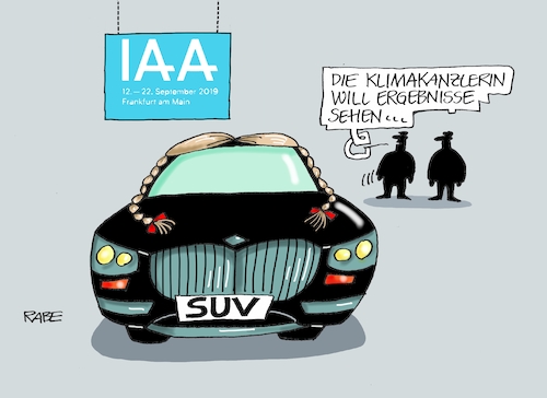 Cartoon: Automobilausstellung (medium) by RABE tagged klimawandel,umwelt,umweltministerin,schulze,sp,klimapreis,heizung,auto,rabe,ralf,böhme,cartoon,karikatur,pressezeichnung,farbcartoon,tagescartoon,brücke,bettler,verkehr,klimaprämie,friday,for,future,iaa,automobilausstellung,frankfurt,main,messe,autos,suv,eröffnung,greta,thunberg,merkel,kanzlerin,klimakanzlerin,ergebnisse,hybrid,elektroautos,geländewagen,klimawandel,umwelt,umweltministerin,schulze,sp,klimapreis,heizung,auto,rabe,ralf,böhme,cartoon,karikatur,pressezeichnung,farbcartoon,tagescartoon,brücke,bettler,verkehr,klimaprämie,friday,for,future,iaa,automobilausstellung,frankfurt,main,messe,autos,suv,eröffnung,greta,thunberg,merkel,kanzlerin,klimakanzlerin,ergebnisse,hybrid,elektroautos,geländewagen