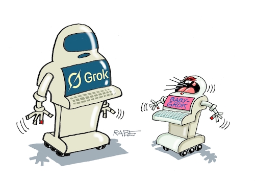 Cartoon: Baby Grok (medium) by RABE tagged trump,kanada,gipfel,gipfeltreffen,staatschefs,rabe,ralf,böhme,cartoon,karikatur,pressezeichnung,farbcartoon,tagescartoon,gespenst,geist,angst,donald,usa,nato,natoaustritt,schild,elon,musk,chatgpt,grok,babygrok,kinder,it,roboter,bot,computer,trump,kanada,gipfel,gipfeltreffen,staatschefs,rabe,ralf,böhme,cartoon,karikatur,pressezeichnung,farbcartoon,tagescartoon,gespenst,geist,angst,donald,usa,nato,natoaustritt,schild,elon,musk,chatgpt,grok,babygrok,kinder,it,roboter,bot,computer