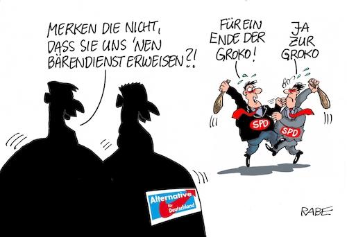 Cartoon: Bärendienst (medium) by RABE tagged groko,union,cdu,csu,spd,merkel,akk,berlin,bundesregierung,befragung,rabe,ralf,böhme,cartoon,karikatur,pressezeichnung,farbcartoon,tagescartoon,prügelei,halbzeit,halbzeitbilanz,kevin,kühnert,parteivorsitz,parteispitze,doppelspitze,esken,walter,borjans,afd,bärendienst,regierungsende,groko,union,cdu,csu,spd,merkel,akk,berlin,bundesregierung,befragung,rabe,ralf,böhme,cartoon,karikatur,pressezeichnung,farbcartoon,tagescartoon,prügelei,halbzeit,halbzeitbilanz,kevin,kühnert,parteivorsitz,parteispitze,doppelspitze,esken,walter,borjans,afd,bärendienst,regierungsende