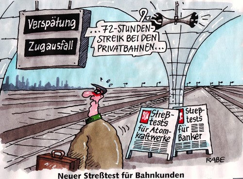 Cartoon: Bahnsteigkantiges (medium) by RABE tagged streß,streßtest,streßfaktor,banker,atomkraftwerke,atomenergie,bundesregierung,kanzlerin,merkel,cdu,aufsichtsbehörde,euro,krise,gewerkschaften,lohnforderung,streik,tarif,tarifanpassung,demo,lohn,gehalt,arbeitgeber,arbeitnehmer,gdl,db,bahnkunden,reisende,bahnreisende,verspätung,zugausfall,zugverspätung,fernzüge,regionalbahn,privatbahn,schiene,gleis,bahnsteig,bahnsteigkante,reisgepäck,koffer,tasche,börse,test,lautsprecher,bekanntmachung,streß,streßtest,streßfaktor,stress,atomenergie,atomkraftwerke,atomkraft,merkel,cdu,aufsichtsbehörde,euro,krise,gewerkschaften,streik,lohnforderung,tarif,tarifanpassung,demo