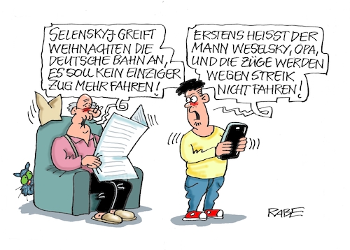 Cartoon: Bahnstreik (medium) by RABE tagged bahn,db,bahnkunden,fahrpreis,fahrpreiserhöhung,rabe,ralf,böhme,cartoon,karikatur,pressezeichnung,farbcartoon,tagescartoon,schnellzug,bahnticket,schlusslicht,passagiere,bahnreisende,puffer,streik,bahnstreik,weihnachten,weihnachtsfrieden,gewerkschaft,gdl,weselsky,gew,bahnchef,opa,enkel,selenskyj,züge,bahn,db,bahnkunden,fahrpreis,fahrpreiserhöhung,rabe,ralf,böhme,cartoon,karikatur,pressezeichnung,farbcartoon,tagescartoon,schnellzug,bahnticket,schlusslicht,passagiere,bahnreisende,puffer,streik,bahnstreik,weihnachten,weihnachtsfrieden,gewerkschaft,gdl,weselsky,gew,bahnchef,opa,enkel,selenskyj,züge