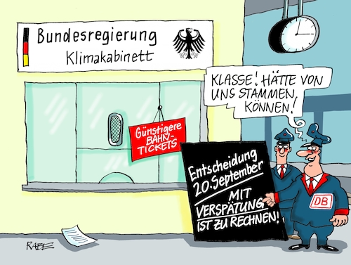 Cartoon: Bahntickets günstiger (medium) by RABE tagged klimawandel,umwelt,umweltministerin,schulze,sp,klimapreis,heizung,auto,rabe,ralf,böhme,cartoon,karikatur,pressezeichnung,farbcartoon,tagescartoon,brücke,bettler,verkehr,klimaprämie,friday,for,future,bahn,bahntickets,verbilligung,günstiger,bundesregierung,klimakabinett,entscheidung,bahnmittarbeiter,bahnsteig,verspätungen,september,klimawandel,umwelt,umweltministerin,schulze,sp,klimapreis,heizung,auto,rabe,ralf,böhme,cartoon,karikatur,pressezeichnung,farbcartoon,tagescartoon,brücke,bettler,verkehr,klimaprämie,friday,for,future,bahn,bahntickets,verbilligung,günstiger,bundesregierung,klimakabinett,entscheidung,bahnmittarbeiter,bahnsteig,verspätungen,september