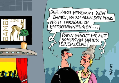 Cartoon: Bambi (medium) by RABE tagged fernsehstars,fischer,helene,dylan,bob,papst,tagescartoon,farbcartoon,pressezeichnung,karikatur,cartoon,böhme,ralf,rabe,trophäe,preisverleihung,fernsehpreis,bambiverleihung,bambi,bambi,bambiverleihung,fernsehpreis,preisverleihung,trophäe,rabe,ralf,böhme,cartoon,karikatur,pressezeichnung,farbcartoon,tagescartoon,papst,bob,dylan,helene,fischer,fernsehstars