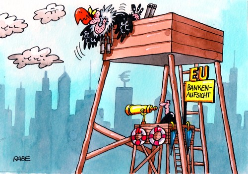 Cartoon: Bankenaufsicht (medium) by RABE tagged merkel,kanzlerin,kanzleramt,berlin,euro,eurokrise,stabilitätspakt,fiskalpakt,eurobond,rettungsschirm,griechenland,spanien,schuldenschnit,ratingagentur,finanzchef,brüssel,schäuble,griechenlandaustritt,koalition,fdp,schwarzgelb,bürger,steuerzahler,banken,bankenrettung,geier,pleitegeier,finanzchefs,hochsitz,jäger,jagd,fernglas,esm,gipfel,eurogipfel,gipfeltreffen,gipfelbeschlüsse,bankenviertel,banker,spekulanten,börse,börsianer,merkel,euro,eurokrise,stabilitätspakt,fiskalpakt,eurobond,rettungsschirm