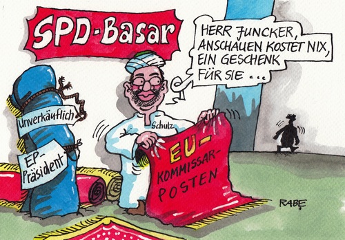 Cartoon: Basar Schulz (medium) by RABE tagged schulz,spd,juncker,union,spitzenposten,eu,brüssel,europa,europaparlament,parlamentspräsident,kommissarsposten,kommissar,ep,präsident,parlament,rabe,ralf,böhme,cartoon,karikatur,pressezeichnung,farbcartoon,basar,orient,händler,krämer,teppichhändler,teppich,perser,posten,kosten,schulz,spd,juncker,union,spitzenposten,eu,brüssel,europa,europaparlament,parlamentspräsident,kommissarsposten,kommissar,ep,präsident,parlament,rabe,ralf,böhme,cartoon,karikatur,pressezeichnung,farbcartoon,basar,orient,händler,krämer,teppichhändler,teppich,perser,posten,kosten