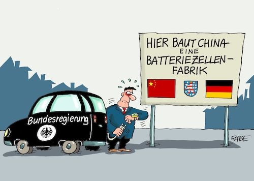 Cartoon: Bateriefrischzellen (medium) by RABE tagged china,peking,handelsvetrag,merkel,li,erfurt,batterien,batteriezellen,batteriezellenfabrik,tiefensee,wirtschaftsminister,thüringen,rabe,ralf,böhme,cartoon,karikatur,pressezeichnung,farbcartoon,tagescartoon,catl,elektroautos,bmw,wirtschaftsbeziehungen,china,peking,handelsvetrag,merkel,li,erfurt,batterien,batteriezellen,batteriezellenfabrik,tiefensee,wirtschaftsminister,thüringen,rabe,ralf,böhme,cartoon,karikatur,pressezeichnung,farbcartoon,tagescartoon,catl,elektroautos,bmw,wirtschaftsbeziehungen