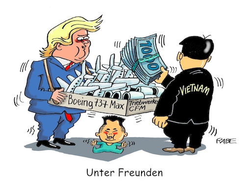 Cartoon: Bauchladengeschäfte (medium) by RABE tagged trump,usa,president,kim,jong,un,treffen,hanoi,vietnam,nordkorea,zug,air,force,one,rabe,ralf,böhme,cartoon,karikatur,pressezeichnung,farbcartoon,geschäfte,bauchladen,flugzeuge,triebwerke,boeing,geld,handelsverträge,milliarden,dollars,freund,flugzeugtechnik,atomwaffen,gipfeltreffen,trump,usa,president,kim,jong,un,treffen,hanoi,vietnam,nordkorea,zug,air,force,one,rabe,ralf,böhme,cartoon,karikatur,pressezeichnung,farbcartoon,geschäfte,bauchladen,flugzeuge,triebwerke,boeing,geld,handelsverträge,milliarden,dollars,freund,flugzeugtechnik,atomwaffen,gipfeltreffen