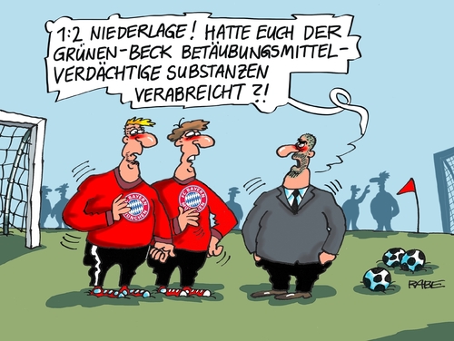 Cartoon: Bayern Niederlage (medium) by RABE tagged bayerm,fc,niederlage,drogen,rabe,ralf,böhme,cartoon,karikatur,pressezeichnung,farbcartoon,tagescartoon,beck,grüne,haschisch,bayerm,fc,niederlage,drogen,rabe,ralf,böhme,cartoon,karikatur,pressezeichnung,farbcartoon,tagescartoon,beck,grüne,haschisch