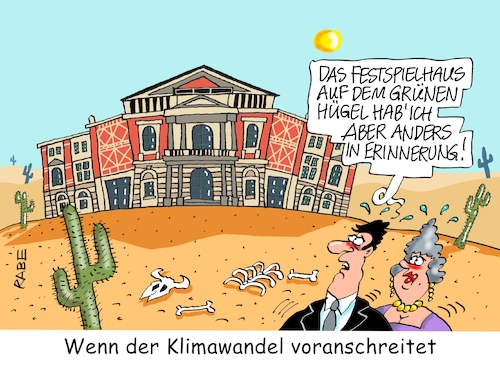 Cartoon: Bayreuth Festspiele (medium) by RABE tagged klimawandel,umwelt,umweltministerin,schulze,sp,klimapreis,heizung,auto,rabe,ralf,böhme,cartoon,karikatur,pressezeichnung,farbcartoon,tagescartoon,brücke,bettler,verkehr,klimaprämie,friday,for,future,hitzewelle,hitze,sommer,bayreuth,festspiele,festspielhaus,wüste,sand,kakteen,knochen,ehepaar,grüner,hügel,parsifal,tannhäuser,klimawandel,umwelt,umweltministerin,schulze,sp,klimapreis,heizung,auto,rabe,ralf,böhme,cartoon,karikatur,pressezeichnung,farbcartoon,tagescartoon,brücke,bettler,verkehr,klimaprämie,friday,for,future,hitzewelle,hitze,sommer,bayreuth,festspiele,festspielhaus,wüste,sand,kakteen,knochen,ehepaar,grüner,hügel,parsifal,tannhäuser