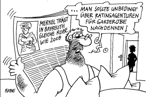 Cartoon: Bayreuther Rating Text2 (medium) by RABE tagged merkel,kanzlerin,cdu,bayreuth,festspiele,wagner,aufführung,theater,garderobe,robe,kleid,unterwäsche,slip,unterhemd,rating,ratingagentur,moodys,abwertung,herabstufung,euro,krise,wagnerclan,presse,blitzlicht,blitzlichtgewitter,festkleid,abendkleid,wagnerenkel