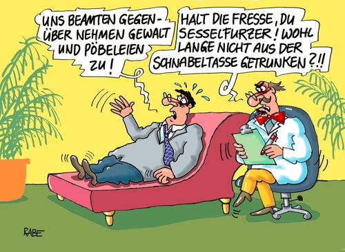 Cartoon: Beamtenbedrohung (medium) by RABE tagged beamte,beamtenbund,büro,angestellte,drohung,gewalt,mobbing,psychiater,rabe,ralf,böhme,cartoon,karikatur,pressezeichnung,farbcartoon,tagescartoon,liege,arzt,patient,fresse,schnabeltasse,sessel,sesselfurzer,beamte,beamtenbund,büro,angestellte,drohung,gewalt,mobbing,psychiater,rabe,ralf,böhme,cartoon,karikatur,pressezeichnung,farbcartoon,tagescartoon,liege,arzt,patient,fresse,schnabeltasse,sessel,sesselfurzer