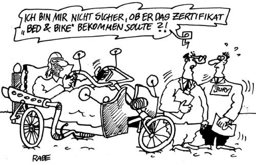 Cartoon: Bed and Bike (medium) by RABE tagged bed,bike,motorrad,biker,zertifikat,jury,leute,rabe,ralf,böhme,cartoon,karikatur,presezeichnung,hotel,übernachtung,urlaub,ferien,freizeit,bed,bike,motorrad,biker,zertifikat,jury,leute,rabe,ralf,böhme,cartoon,karikatur,presezeichnung,hotel,übernachtung,urlaub,ferien,freizeit