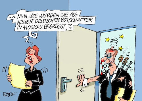 Cartoon: Begrüssung auf russisch (medium) by RABE tagged botschafter,moskau,begrüssung,deutschland,graf,lambsdorf,fdp,rabe,ralf,böhme,cartoon,karikatur,pressezeichnung,farbcartoon,tagescartoon,büro,diplomat,vertretung,tür,sekretärin,messer,dolch,pfeil,speer,axt,wunden,pflaster,beule,unfreundlichkeit,rüge,botschafter,moskau,begrüssung,deutschland,graf,lambsdorf,fdp,rabe,ralf,böhme,cartoon,karikatur,pressezeichnung,farbcartoon,tagescartoon,büro,diplomat,vertretung,tür,sekretärin,messer,dolch,pfeil,speer,axt,wunden,pflaster,beule,unfreundlichkeit,rüge