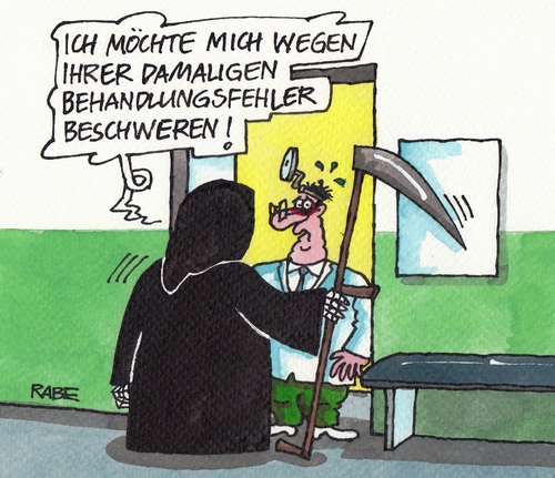 Cartoon: Behandlungsfehler Eins (medium) by RABE tagged behandlung,behandlungsfehler,arzt,patient,krankenkassen,barmer,aok,gesundheitswesen,gesundheitspolitik,gesundheitsminister,rabe,ralf,böhme,cartoon,karikatur,pressezeichnung,wartezimmer,sprechstunde,operation,sense,sensenmann,tod,beschwerde,behandlung,behandlungsfehler,arzt,patient,krankenkassen,barmer,aok,gesundheitswesen,gesundheitspolitik,gesundheitsminister,rabe,ralf,böhme,cartoon,karikatur,pressezeichnung,wartezimmer,sprechstunde,operation,sense,sensenmann,tod,beschwerde