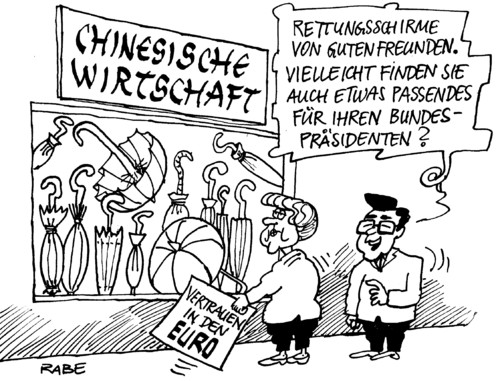 Cartoon: Beim Chinesen (medium) by RABE tagged merkel,kanzlerin,cdu,bundesregierung,china,chinareise,menschenrechte,wirtschaft,peking,euro,eurorettung,eurovertrauen,schirme,rettungsschirme,freunde,wulff,bundespräsident,eurokrise,eu,griechenland,merkel,kanzlerin,cdu,bundesregierung,china,chinareise,menschenrechte,wirtschaft