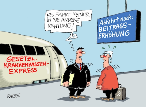 Cartoon: Beitragserhöhung (medium) by RABE tagged kasse,kassenbon,bon,bonpflicht,rabe,ralf,böhme,cartoon,karikatur,pressezeichnung,farbcartoon,tagescartoon,verkäufer,kunde,papier,umwelt,klima,krankenkassen,gesetzliche,beitrag,beitragserhöhung,arztkosten,barmer,aok,beitragszahler,kassenbeiträge,erhöhung,bahn,bahnsteig,abfahrt,richtung,kasse,kassenbon,bon,bonpflicht,rabe,ralf,böhme,cartoon,karikatur,pressezeichnung,farbcartoon,tagescartoon,verkäufer,kunde,papier,umwelt,klima,krankenkassen,gesetzliche,beitrag,beitragserhöhung,arztkosten,barmer,aok,beitragszahler,kassenbeiträge,erhöhung,bahn,bahnsteig,abfahrt,richtung