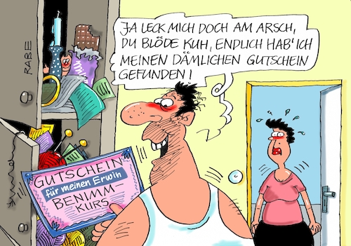 Cartoon: Benimmkurs (medium) by RABE tagged gutschein,geschenkegutschein,benehmen,benimmkurs,arsch,blöd,kuh,dämlich,rabe,ralf,böhme,cartoon,karikatur,pressezeichnung,farbcartoon,tagescartoon,ehe,mann,frau,konflikt,gutschein,geschenkegutschein,benehmen,benimmkurs,arsch,blöd,kuh,dämlich,rabe,ralf,böhme,cartoon,karikatur,pressezeichnung,farbcartoon,tagescartoon,ehe,mann,frau,konflikt