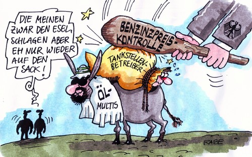 Cartoon: Benzinpolizei (medium) by RABE tagged benzinpolizei,bundesregierung,bundeskabinett,beschluss,gesetz,gesetzentwurf,benzinpreise,spritpreise,spritpreiskontrolle,meldebehörde,tankstellen,tankwart,tankstellenbetreiber,super,diesel,aral,esso,bp,shell,total,zapfsäule,auto,autofahrer,ölkonzerne,ölmultis,esel,schlag,knüppel,treffer,rekordpreise,preispolitik,kontrolle,bundesregierung,gesetz,gesetzentwurf,benzinpreise,spritpreise,benzin