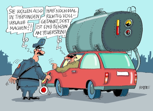 Cartoon: Benzinpreise (medium) by RABE tagged vw,dieselgat,abgasskandal,vorstan,vorstandschef,winterkorn,anklage,haftbefehl,rab,ralf,böhme,cartoon,karikatur,pressezeichnung,farbcartoon,tagescartoon,polizei,benzin,benzinpreise,teuerung,thüringen,tankstellen,adac,pkw,benzintank,dachgarten,gepäckträcker,erhöhung,steigerung,vw,dieselgat,abgasskandal,vorstan,vorstandschef,winterkorn,anklage,haftbefehl,rab,ralf,böhme,cartoon,karikatur,pressezeichnung,farbcartoon,tagescartoon,polizei,benzin,benzinpreise,teuerung,thüringen,tankstellen,adac,pkw,benzintank,dachgarten,gepäckträcker,erhöhung,steigerung