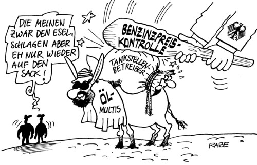 Cartoon: Benzinpreiskontrolle (medium) by RABE tagged bundesregierung,bundeskabinett,gesetz,gesetzentwurf,benzin,benzinpreise,benzinpreiskontrolle,preiskontrolle,tankstellen,tankwart,tankstellenbetreiber,ölkonzerne,ölmultis,preisabsprachen,shell,esso,total,bp,aral,sack,esel,knüppel,schlag,treffer,benzinpolizei,meldebehörde,sprit,spritpreise,preispolitik,bundesregierung,bundeskabinett,gesetz,gesetzentwurf,benzin,benzinpreise,benzinpreiskontrolle,tankstellenbetreiber,tankwart