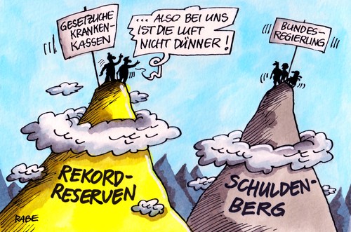 Cartoon: Bergiges (medium) by RABE tagged rekordreserven,rekordverschuldung,gipfel,gipfeötreffen,krankenkassen,gesetzliche,aok,barmer,gewinn,luft,berge,patienten,einnahmen,euro,krise,ausschüttung,millionen,milliarden,kassenbeiträge,beitragssenkung,arzt,schulden,schuldenberg,bergsteiger,absturz,bundesregierung,kanzlerin,merkel,cdu,fdp,schwarzgelb,koalition,finanzminister,schäuble,steuerzahler,schuldenkrise,schuldenloch,rekordreserven,rekordverschuldung,gipfel,gipfeötreffen,krankenkassen,gesetzliche,aok,barmer,gewinn,luft,berge,patienten,einnahmen,euro,krise,ausschüttung,millionen,milliarden,kassenbeiträge,beitragssenkung,arzt,schulden,schuldenberg,bergsteiger,absturz,bundesregierung,kanzlerin,merkel,cdu,fdp,schwarzgelb,koalition,finanzminister,schäuble,steuerzahler,schuldenkrise,schuldenloch