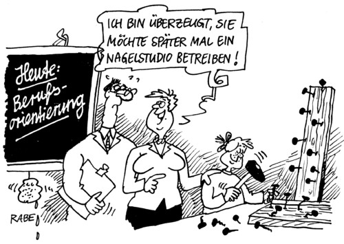 Cartoon: Berufsorientierung (medium) by RABE tagged berufsorientierung,berufswahl,ausbildung,ausbildungsplatz,schule,unterricht,lehrer,lehrerin,schüler,schülerin,klassenraum,klasse,schultafel,nagel,nagelstudio,nagelbett,nagelverlängerung,nagellack,nagelpflege,kosmetik,kosmetikstudio,mädchen,maniküre,bildungsministerium,bildungsministerin,schavan,pisastudie,schulsystem,berufsorientierung,berufswahl,ausbildung,ausbildungsplatz,schule,unterricht,lehrer,lehrerin,klasse,klassenraum,schülerin,schüler,kosmetikstudio,kosmetik,nagelpflege,nagellack,nagelverlängerung,maniküre,bildun,mädchen,job,arbeit